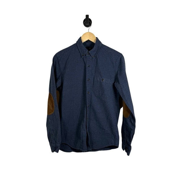 J. Crew Men’s Woven Collared Leather Elbow Patch Button Down Navy/Brown S - Picture 1 of 8